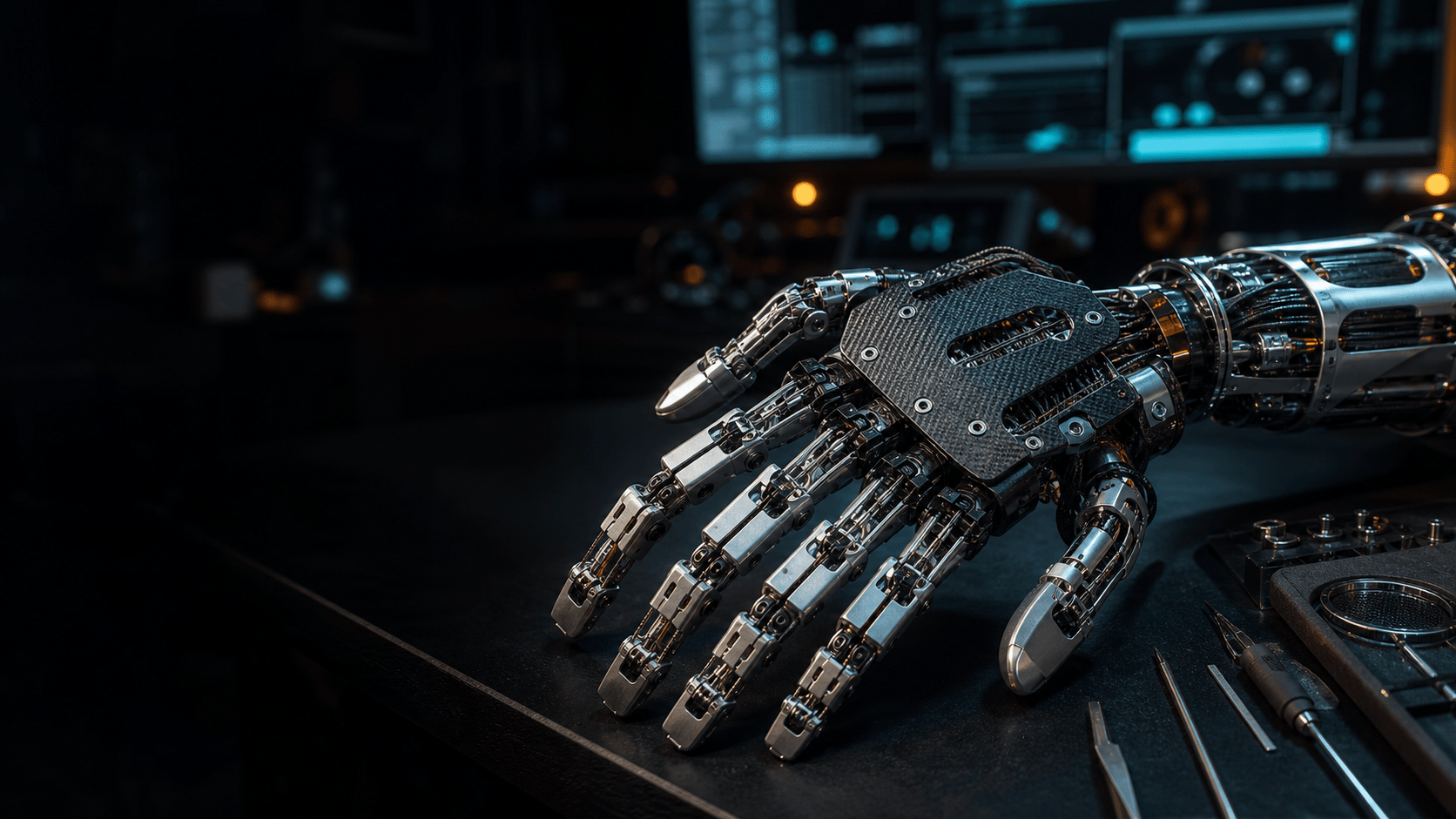Humanoid robot hand prototype on a dark engineering workbench